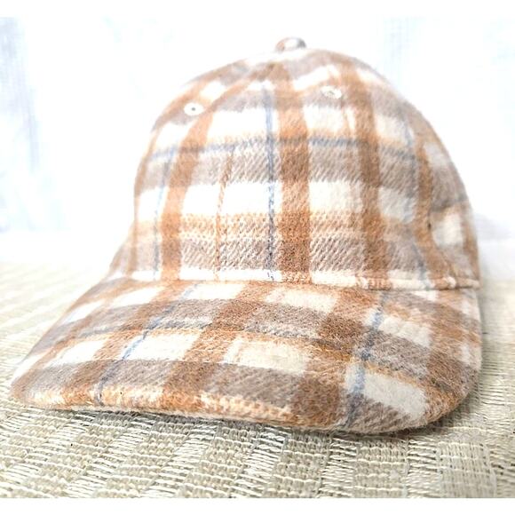 Adult OLD NAVY PLAID CAP Tan Grey White - OSFM - Adjustable Wool Blend - Picture 1 of 6